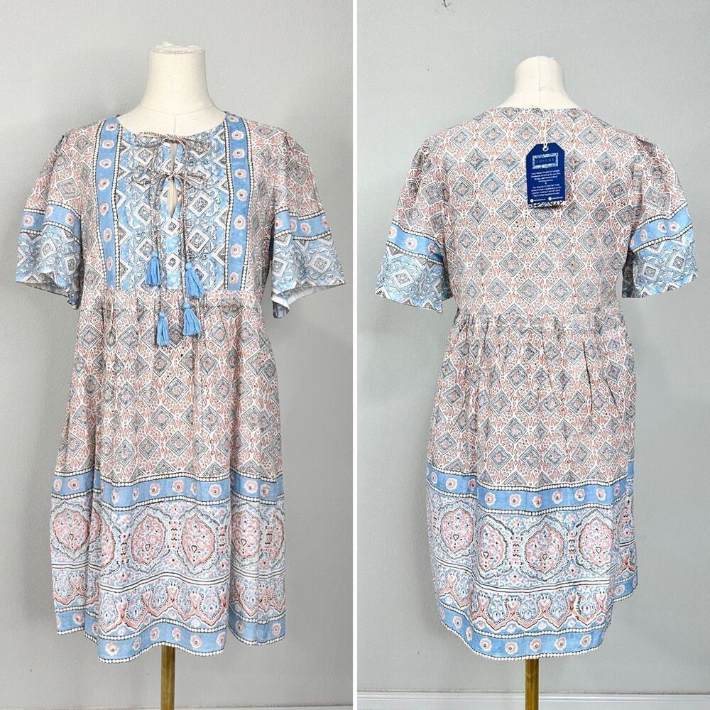 Sohana Block Print Cotton Boho Tassel Dress M NWT India Boho - Picture 3 of 15